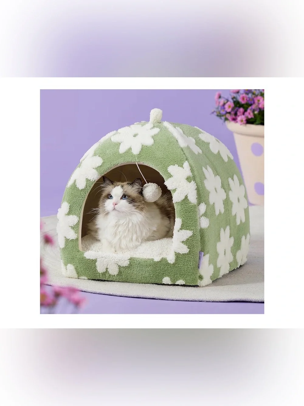 Cozy Green Floral Cat Cave Bed with Pom Toy